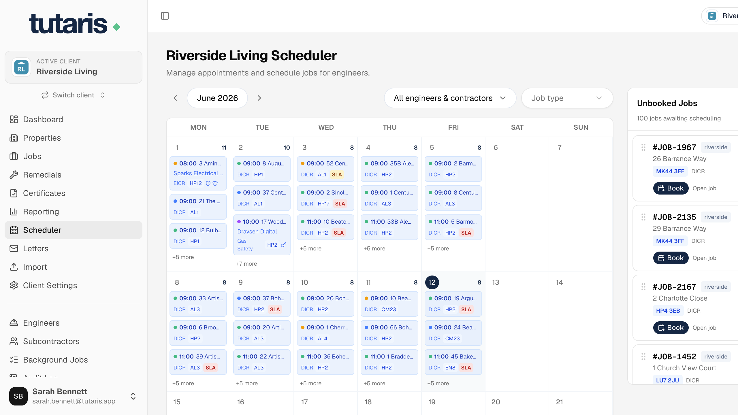 The Scheduler, calendar on the left, Unbooked Jobs on the right.